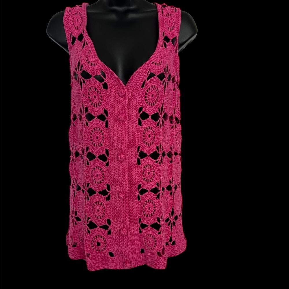 Pink Crochet Button-Up Vest size Medium - Picture 2 of 7